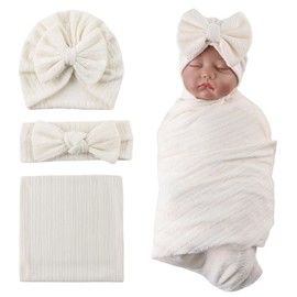OMUKY Newborn Nursery Swaddle Wrap Baby Boy Girls Receiving Blanket with Matching Bow Headband and Beanie Set(Beige)
