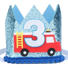 CORNER LACE Fire Truck 3rd Birthday Hat - Third Birthday Glitter Crown Blue, Three Years Old Happy Birthday Party Decorations Supplies Favors Photo Booth Props