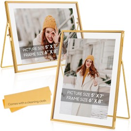 Jajamy Gold Floating Frame Set of 2, 6 x 8 Tempered Glass Floating Picture Frames for Vertically and Horizontal Tabletop Display, Fit for Multi Size 5x7, 4x6 3x5 Photos
