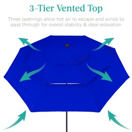 Best Choice Products 10ft 3-Tier Solar Patio Umbrella, Outdoor Market Sun Shade for Backyard, Deck, Poolside w/ 24 LED Lights, Tilt Adjustment, Easy Crank, 8 Ribs - Resort Blue