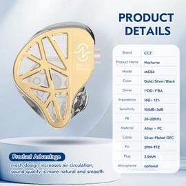 CCZ MC04 in Ear Monitor Headphones, 1DD + BA Hybrid Driver iems for Gaming with Enhanced Bass, Studio-Grade IEM Earphones, Gaming Earbuds, HiFi Wired Earbuds & Detachable Silver-Plated OFC 3.5mm Cable