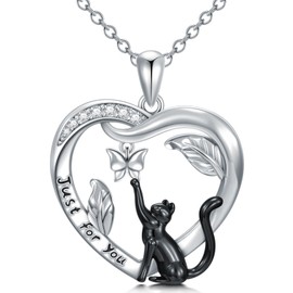 KNTTZZI Cat Necklace Cat Lover Gifts Black Cat Heart Necklace Sterling Silver Cat Jewelry Graduation Gifts for Sister