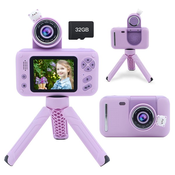 Kids Camera with 32GB SD Card, Girls Camera with Tripod for 4-10 Years Old, 2.4 Inch Screen 1080P HD Digital Camera for Kids,Toddler Camera Birthday for 4 5 6 7 8 9 10 year old girls