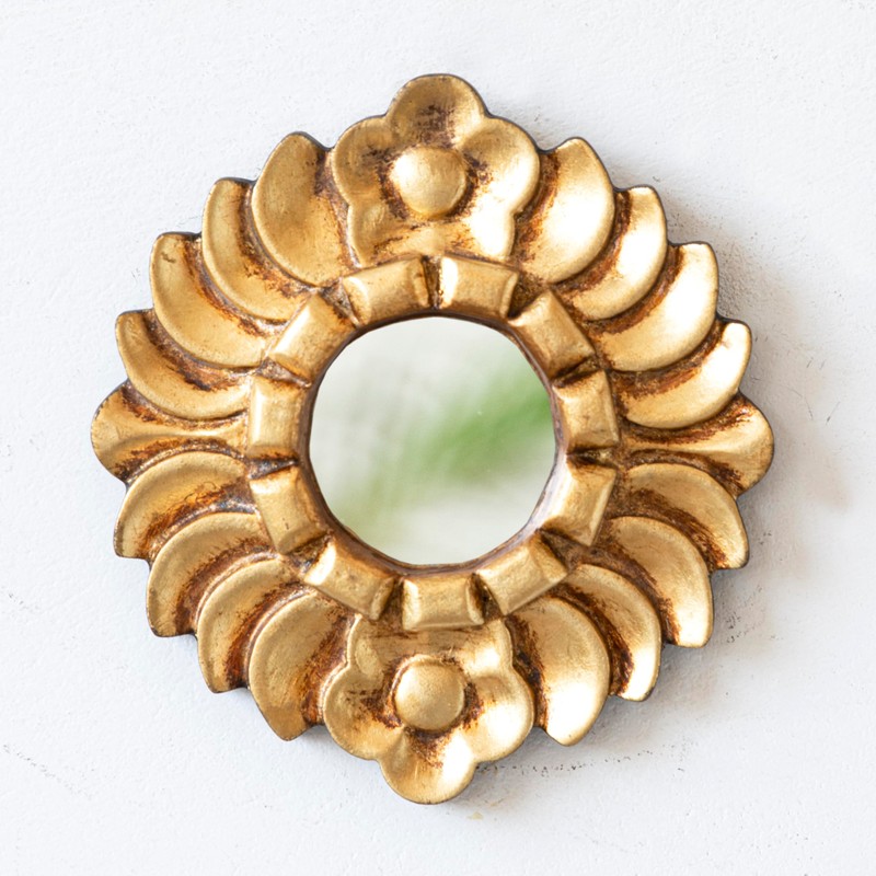 DecorContreras Handmade Small Gold Round Mirror 6in | Peruvian Hand-Carved