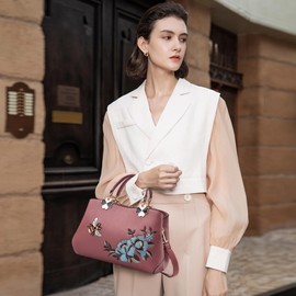 NICOLE&DORIS Women Top Handle Handbags Retro Crossbody Bag Ladies Fashion Shoulder Bag Purse Tote Embroidery Dark Pink Bee
