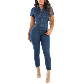 ECDAHICC Women's Denim Jumpsuit Casual Long Sleeve Jean Pants Rompers with Zipper Pockets(BE,M)