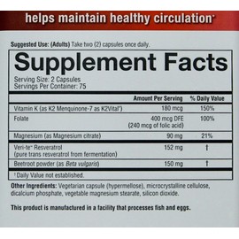 YouTheory Heart Resveratrol K2 Beetroot, 150 Vegetarian Capsules