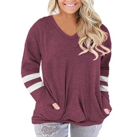 ROSRISS Shirts for Women Plus Size XL Casual Long Sleeve Stripe Sweatshirts Wine Red 16W