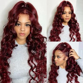 200 Density 99J Burgundy Lace Front Wigs Human Hair Loose Wave 15A 13x4 Full Large Lace Space Frontal Wig Pre Plucked with Baby Hair Glueless Burgundy Loose Deep Wave Wigs Human Hair for Women 20 Inch