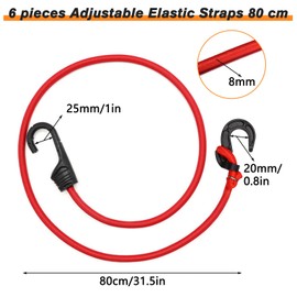 Forhandy Pack of 6 Elastic Straps with Hooks, 80 cm Adjustable Expander with Hooks, Red Luggage Straps with Hooks for Bike, Camping, Load Securing