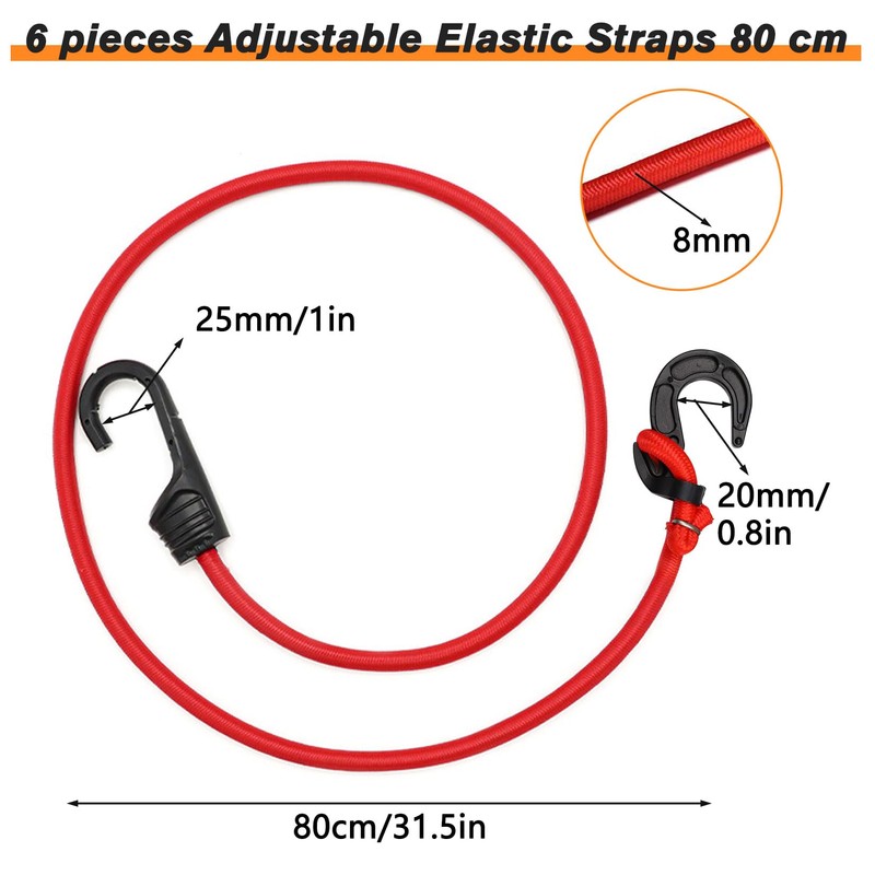 Forhandy Pack of 6 Elastic Straps with Hooks, 80 cm