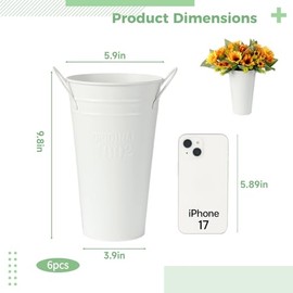 6 cubos de flores blancas, jarrones de metal galvanizado, florero de 9.8 pulgadas con asas, cubeta de flores francés, jarrones rústicos para decoración del hogar, mesa de boda