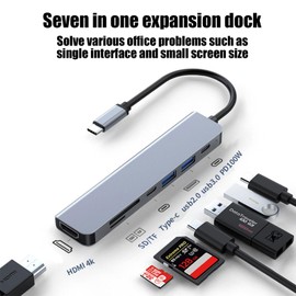 Xolixorium USB C Hub, 7-in-1 Multiport Adapter, 1 USB 3.0 Port 4 USB 2.0 Ports, Compatible with Laptops Computers Tablets, Type C Charging Data Port