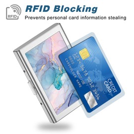 Rimilak Metal Credit Card Holder, Mini Credit Card Wallet RFID Blocking Slim Metal Hard Case for Women Men, Purple Gold Marble