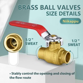 Niikappu 2 Pack Ball Valves, 1/2 Inch Sweat Red Shut Off Valve, No Lead Brass Full Port Shut Off Ball Valve for Hot and Cold Water, NSF/ANSI 61 Certified
