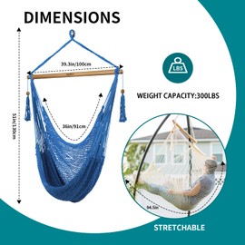 JoyView Hammock Chair with Spreader Bar Caribbean Hammock Swing Chair 300 LBS Weight Capacity XL Rope Hanging Chair for Outdoor Indoor Garden Yard - Light Blue
