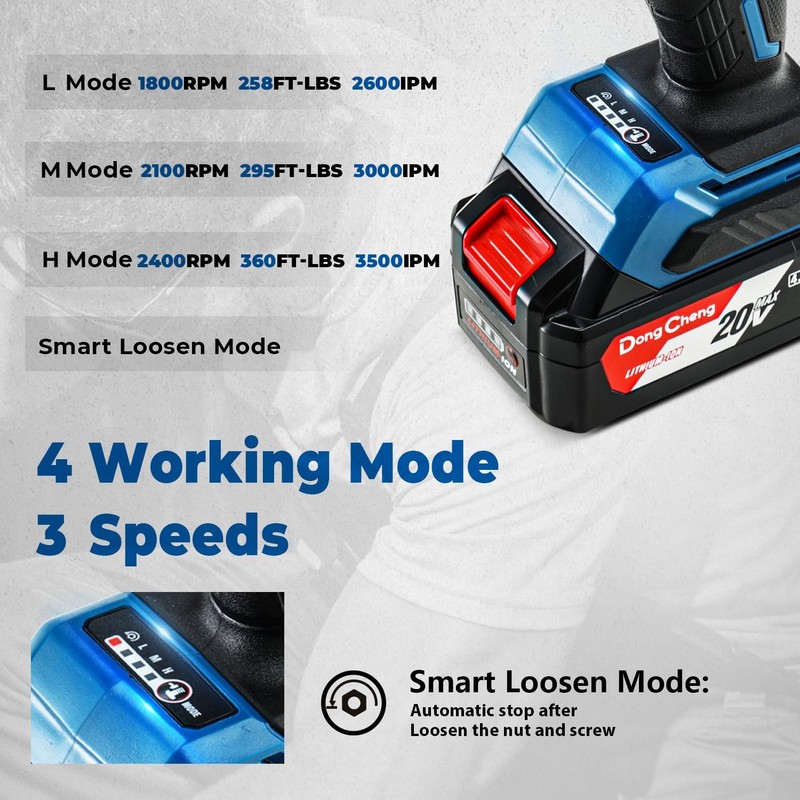 Dong Cheng 20V Brushless Impact Wrench, Max Torque 360 ft-lbs