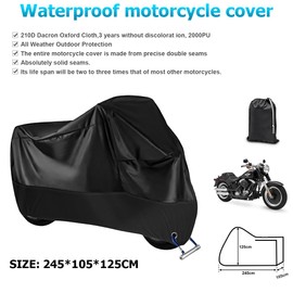 JNNJ Waterproof Motorcycle Cover, Universal Waterproof Motorcycle Tarpaulin, Motorcycle Scooter Anti-UV Dust Protection for Outdoors, for Scooter Motorcycle (245 x 105 x 125 cm)