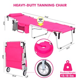 WHEEL-2-GO Heavy Duty Tanning Chair with Padded Face Hole Adjustable Folding Chaise Lounge Chairs for Outside Portable Layout Beach Chair w/ Wheels for Outdoor Sunbathing Patio Pool Lawn Deck Poolside