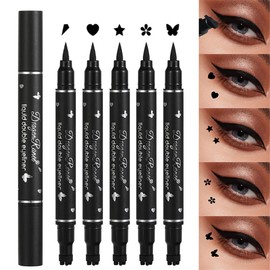 Dulele 5 PCS Black Liquid Eyeliner Stamp Pen Set, Double-Headed Waterproof Smudge-Proof Eyeliner Long Lasting Eyeliner Pen Tattoo Makeup Tool(Heart,Flower,Star,Butterfly,Triangle Seal Stamp)