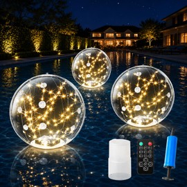 Powfloven 3 Pack Floating Pool Lights Solar Powered, 15" Inflatable Light Up Pool Balls, IP68 Waterproof Warm White LED Glow Balls for Poo, Patios, Outdoor Decor, with One Chlo-Rine Floater