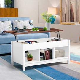 KOTEK Lift Top Coffee Table with Hidden Compartment & Open Shelves, Modern Coffee Table with Storage, Accent Table Lift-Top Table for Living Room, Reception Room (White)