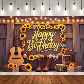 YooQoo 71x47 inch Rustic Country Wooden Happy Birthday Party Backdrops Banners Western Cowgirl Cowboy Photo Backdrops Backgrounds Retro Happy Birthday Sign Decorations Supplies (Wood)