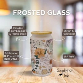 16oz Frosted Glass With Bamboo Lid and Plastic Straw - Floral Design (Floral #1, 16oz)