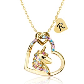 PYXC Valentines Day Gifts - Unicorn Necklace Gifts for Girls, Gold CZ Heart Unicorn Jewelry Initial Girls Birthday Colorful Heart Necklace Birthday present (R, Gold)