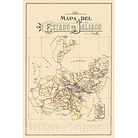 Historic Pictoric Map : Jalisco, Mexico 1923, Mapa del estado de Jalisco, Antique Vintage Reproduction : 24in x 36in