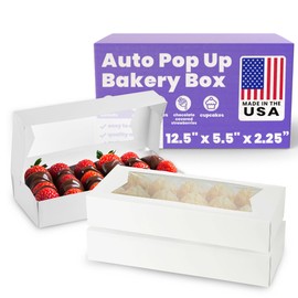 MT Products White Chocolate Covered Strawberry Boxes 12" x 5.5" x 2.25" - Auto Pop-Up Bakery Boxes with Window (Pack of 5) - Made in USA