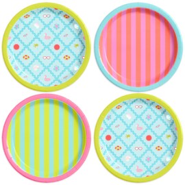 xo, Fetti Pool Party Paper Plates, 3 Designs | 24 pcs 9" | Kids Decorations, Summer Birthday Decor, Stripe Tablescape, Colorful Table Setting