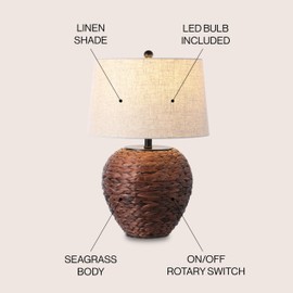 JONATHAN Y JYL6501B Alaro 24.5" Farmhouse Coastal Water Hyacinth Basket LED Table Lamp for Bedroom, Living Room, Office, Dark Brown