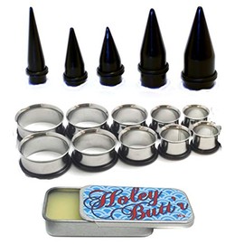 Zaya Body Jewelry 15 Pc Huge Tapers Ear Stretching Kit Black Tapers and Surgical Steel Tunnels 0g-1 inch Holey Butt'r (9/16" 5/8" 3/4" 7/8" 1 inch)