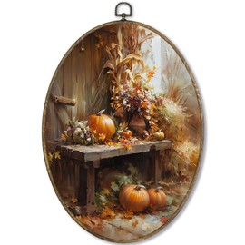 Fewgb Vintage Fall Pumpkin Farmhouse Oval Wall Art Decor Framed, Autumn Harvest Botanical Canvas Wall Art Prints Picture, Barn Thanksgiving Hanging Room Decor Artwork for Bedroom Kitchen 9x12