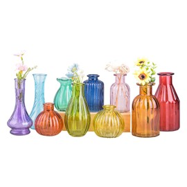Eleganttime Bud Vases for Flowers,Glass Colored Bud Vase in Bulk Set of 10,Small Vintage Vase Bottle for Wedding Decorations,Garden and Home Decor,Centerpieces,Colorful Mexican Décor