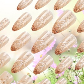 Medium Almond Flower Press on Nails 24Pcs Glossy White Curve Line False Nails Brown Glitter Stick on Fingernails French Tips Acrylic Fake Nail Sparkly Sequin Gel Glue on Nail for Coquette Women Girls