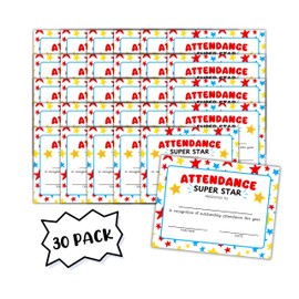 Outstanding Attendance for The Year Certificate 30pk 8.5x11” Perfect Award End of The School Best Punctuality Elementary School VBS Sunday Stars Yellow Blue Red