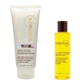 Terramar Dúo Capilar: Mascarilla Intensiva 200g + Óleo 3 en 1 de 98 ml. Con Argán, Macadamia, Algas y Monoi de Tahití, Hidratación y Brillo Sin Frizz.