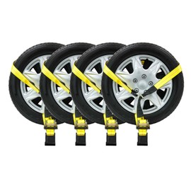 Mytee Products (4 Pack) 2" x 120" Car Tie Down Lasso Style Straps with Flat Hook - 3333 LB Working Load Limit, Tire Straps for Car Trailer - Vehicle Tie Down Wheel Straps for Hauling Cars