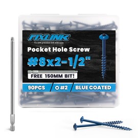 Pocket Hole Screws 2-1/2 Inch, FIXLINK Pocket Screws #8 X 2-1/2", 90 PCS, Blue Coated Pocket Hole Screws for Outdoor, Square Drive, 150MM Drive Bit Included