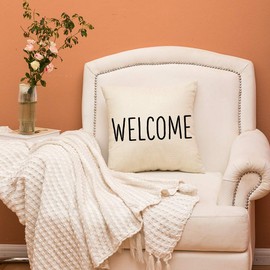 Ogiselestyle Farmhouse Pillow Covers with Welcome Quotes Decorative Cotton Linen Cushion Case for Sofa Couch (18"x18")