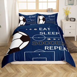 jejeloiu Kids Soccer Bedding Set King Size Football Comforter Cover Set Boys Girls Eat Sleep Soccer Ball Pattern Duvet Cover Sports Theme Gaming Sports Navy Blue Bedspread Cover(No Comforter)