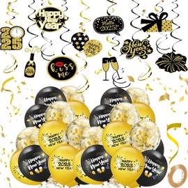 47 Pcs New Years Eve Decorations 2025, Black and Gold Sequined New Year Balloons and Hanging Tag Swirls, New Years Eve Party Accessories Can Create a Perfect New Year Atmosphere