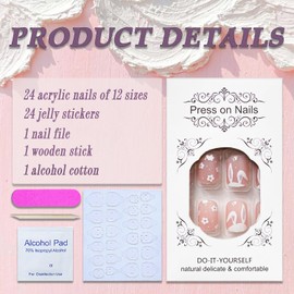 Easter Press on Nails Short Square Petite Fake Nails Pink Full Cover False Nails with Bunny Floral Designs Cute Acrylic Nails Glossy Glue on Nails Manicure Artificial Nails for Women Girls 24Pcs