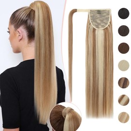 S-noilite Wrap Around Ponytail Extension Human Hair #12P613 Golden Brown mix Bleach Blonde Ponytail Extensions Real Remy Hair 20inch Long Straight Clip in Human Hair Ponytail 100Grams