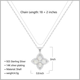S925 Women's Sterling Silver Pendant Necklace - Classic Mother Pearl Four-Leaf Flower Necklace with Cubic Zircon, Hypoallergenic Fine Jewelry Gift (Shiny silver)