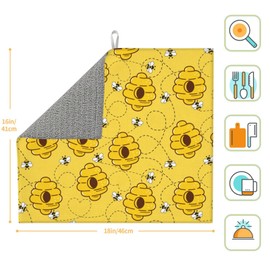 Dish Drying Mat for Kitchen Counter, 16x18 Inch Non Slip Absorbent Microfiber, Bee Reversible Dish Rack Mat, Machine Washable Counter Protector