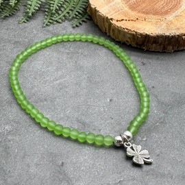 Lime Green Frosted Glass Bead Anklet with Silver Plated Lucky Clover Charm on Elastic : Small/Medium 9.5 inches