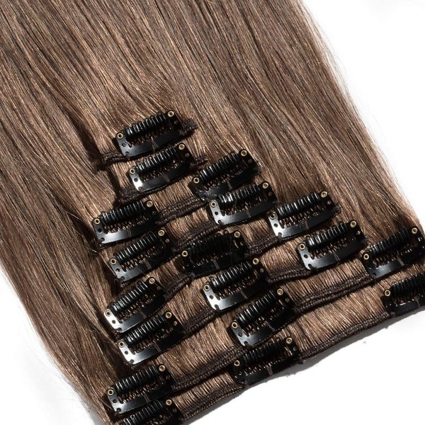 Clip-In Real Hair Extensions, Remy Hair Thin, 8 Wefts, 18 Clips, 35 cm - 60 g, (#6 Light Brown)